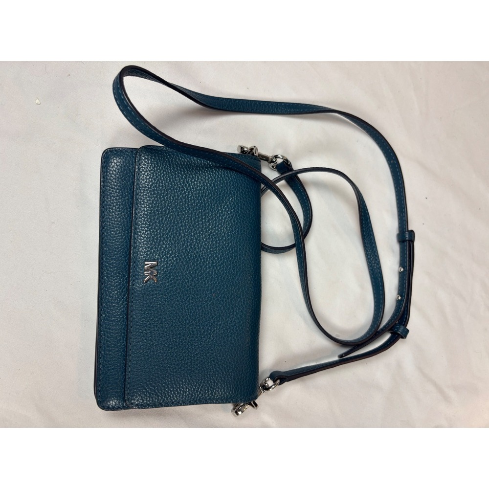 Michael Kors Pebbled Leather Crossbody Wallet Bag Teal Blue Silver Tone Hardware